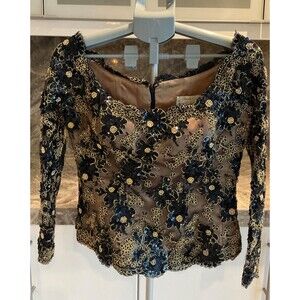 Studio 1 Nomi Rubinstein Navy and Gold Skirt Suit Set Formal Evening Size S